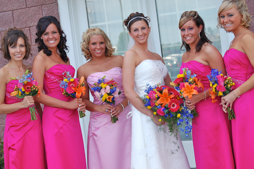 bridesmaids at wedding dressed in pink