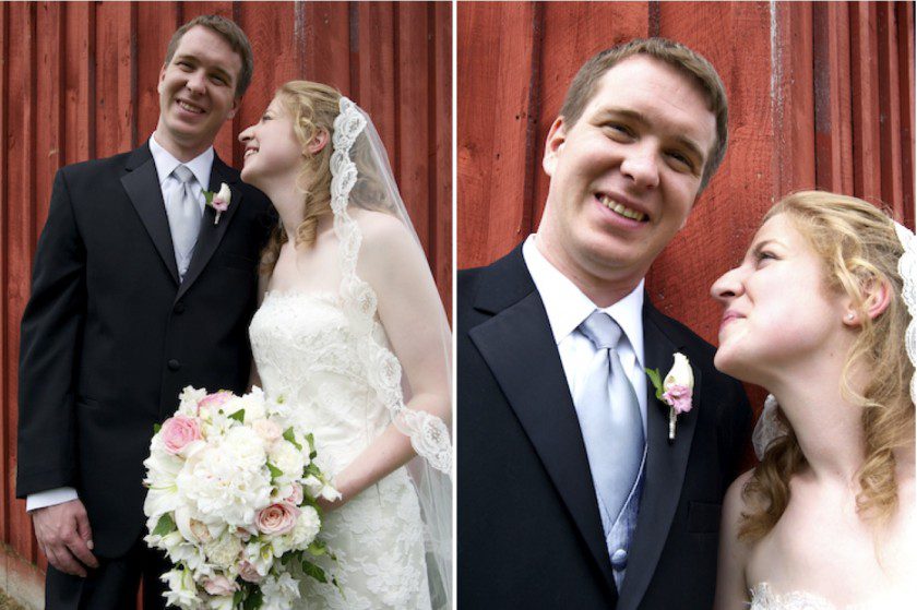 bride and groom smile after wedding