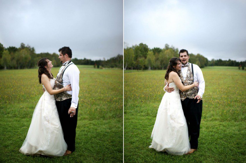 Maine bride and groom share a moment in the field