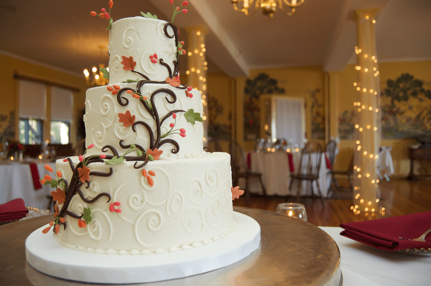 wedding cake with fall leaves