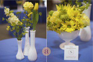 yellow daisies, tulips, roses in milk glass vases