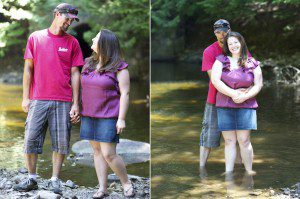 Maine engagement photo in a stream