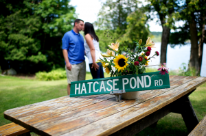 Maine lake wedding couple