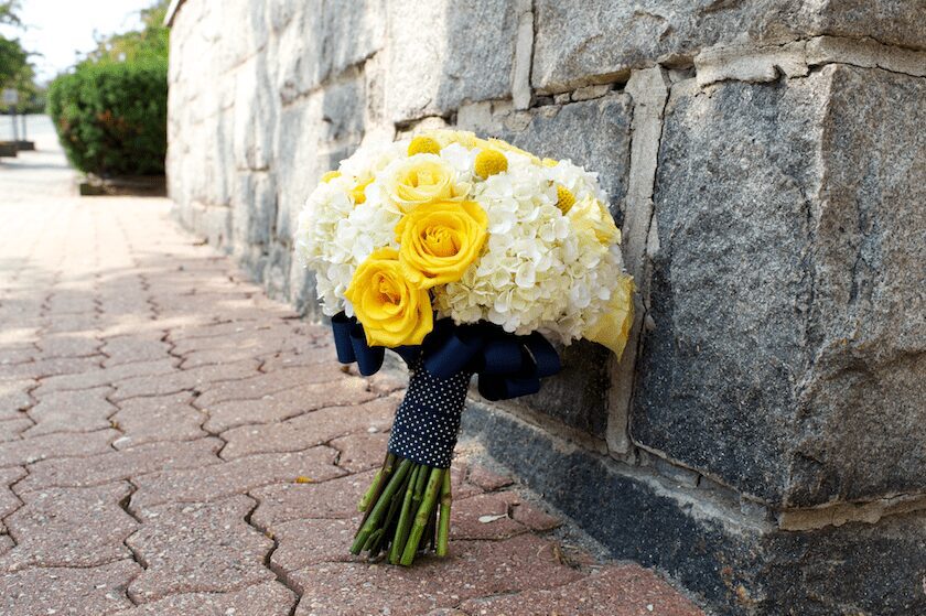 yellow and blue bouquet Maine wedding bouquet