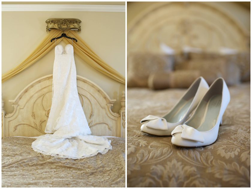 brides lace dress and vintage white shoes