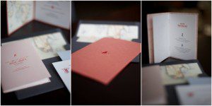 coral colored letterpress invitations with maps