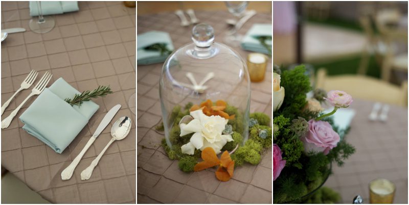 rosemary in napkins and gardenias under cloches 