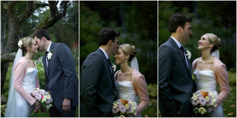 sunset bridal portraits in Thuya Gardens in Maine