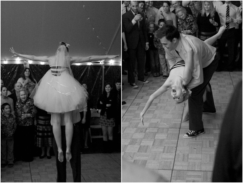 bride and groom dancing doing "dirty dancing lift"