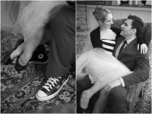 bride sitting on grooms lap in a tutu