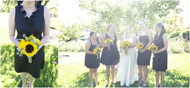 black brides maids dresses and sunflower bouquet
