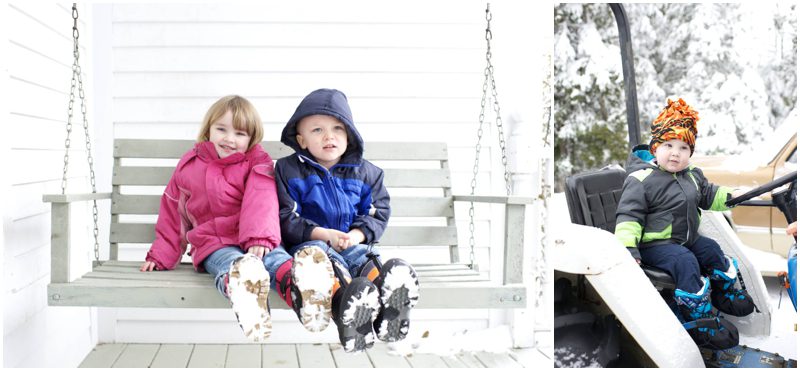 grandkids on the porch swing and tractor for winter family photos in Maine