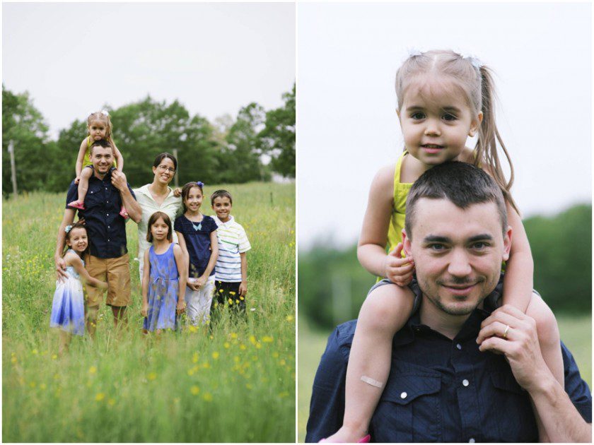 family photos in a field of yellow flowers