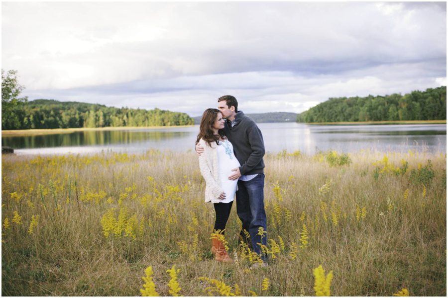 fall themed maternity photos by a river in Maine