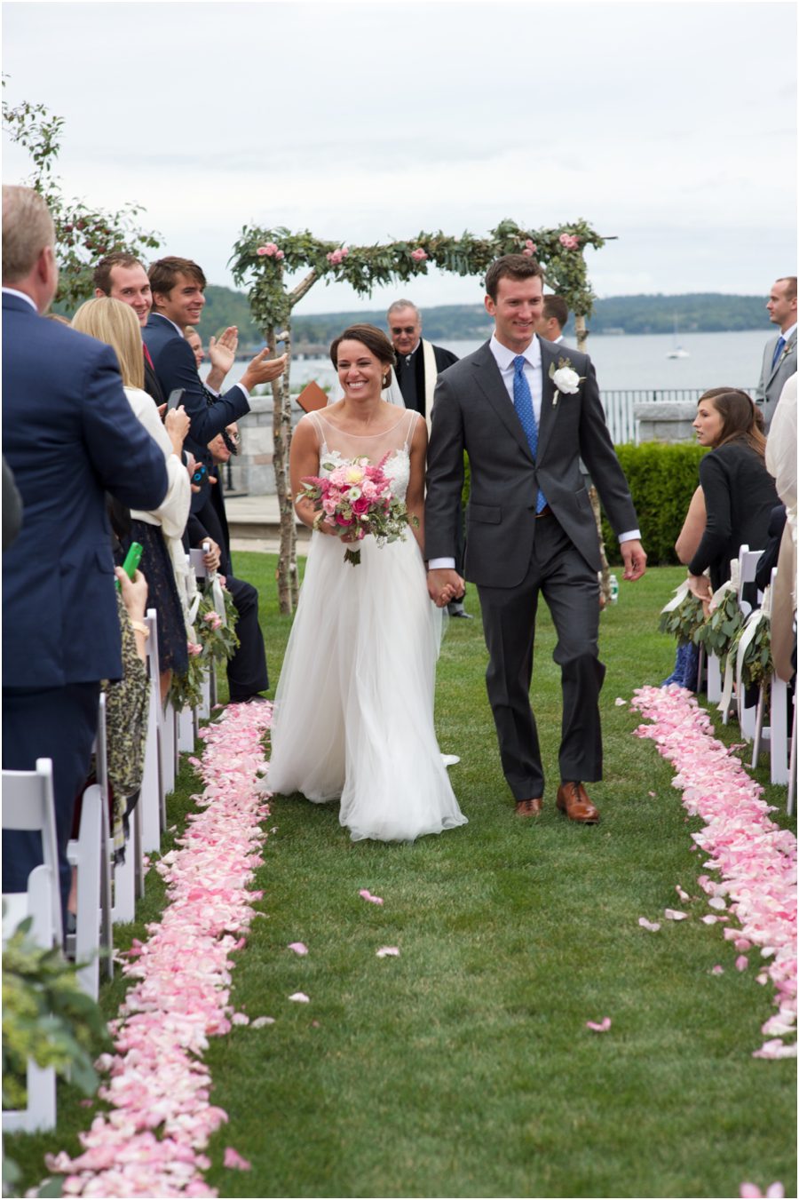 pink rose petal isle runner at Bar Harbor Maine wedding