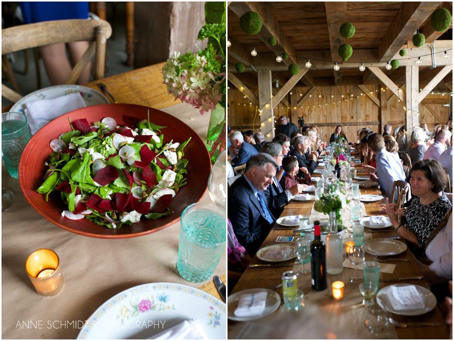 beet salad and family style barn wedding