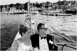 bride and groom boat ride in Camden Harbor